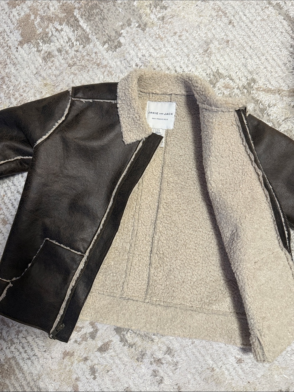 Kids Janie and Jack Dark Brown Faux Leather Shearling Jacket with Cream Trim - Picture 3 of 3